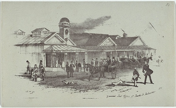 Artist: b'GILL, S.T.' | Title: b'General Post Office, Bourke st Melbourne' | Date: 1854 | Technique: b'lithograph, printed in black ink, from one stone'