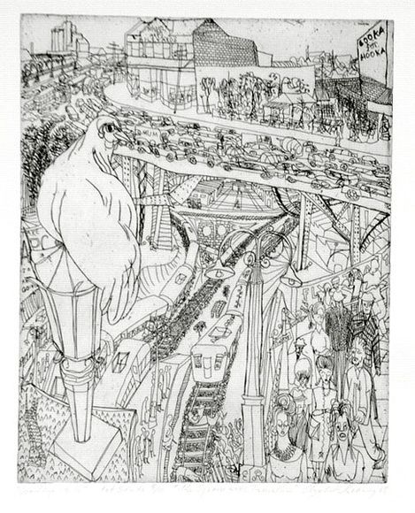 Artist: b'Rooney, Elizabeth.' | Title: b'The square with travellers' | Date: 1963 | Technique: b'etching and aquatint, printed in black ink with plate-tone, from one plate'