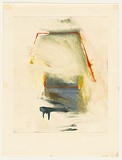Artist: b'Maguire, Tim.' | Title: b'Not titled [monoprint of white, red and yellow, blue marks at centre]' | Date: 1982 | Technique: b'monoprint, printed in colour, from one plate'