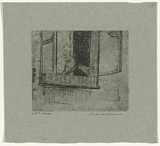 Artist: b'WILLIAMS, Fred' | Title: b'Feeding the pigeon' | Date: 1955-56 | Technique: b'etching, aquatint, rough biting, engraving, drypoint, printed in black ink, from one zinc plate' | Copyright: b'\xc2\xa9 Fred Williams Estate'