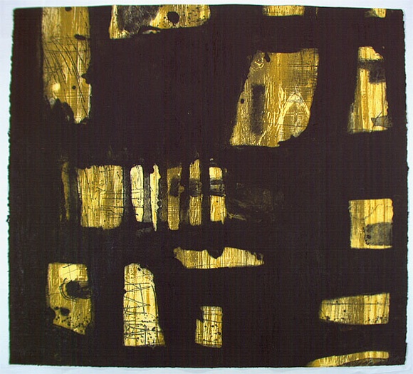 Artist: b'Danaher, Suzanne.' | Title: b'not titled [black and yellow shapes]' | Date: 1995, August | Technique: b'woodcut and carborundum collagraph, printed in black and yellow ink, from one block and one plate'