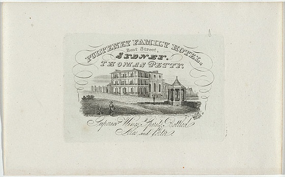 Artist: b'Moffitt, William.' | Title: b'Trade card: Pulteney Family Hotel.' | Date: 1835 | Technique: b'engraving, printed in blue ink, from one copper plate'