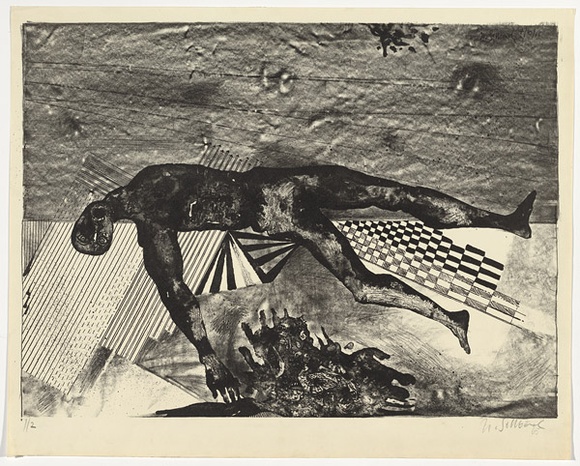 Artist: b'SELLBACH, Udo' | Title: b'(Man lying on patterns)' | Technique: b'lithograph, printed in black ink, from one stone [or plate]'