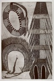 Artist: Wonaeamirri, Pedro. | Title: Pukumani objects | Date: 2000, March | Technique: etching, printed in black ink, with plate-tone, from one plate | Copyright: © Pedro Wonaeamirri, Jilamara Arts and Craft