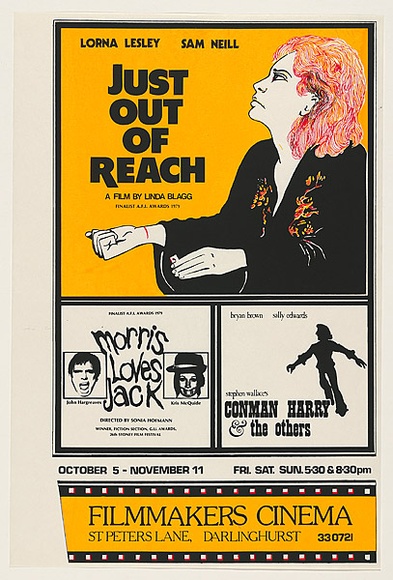 Artist: b'MACKINOLTY, Chips' | Title: b'Just out of reach. A film by Linda Bragg... Filmmakers Cinema.' | Date: 1979 | Technique: b'screenprint, printed in colour, from three stencils'