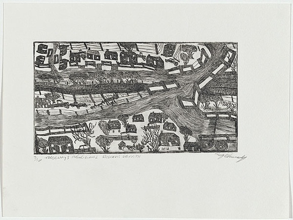 Artist: b'Kennedy, Roy.' | Title: b'Threeways Aboriginal Reserve at Griffith' | Date: 2001 | Technique: b'etching, printed in black ink, from one plate'