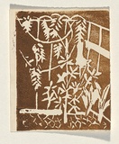Title: b'Card: [garden]' | Technique: b'linocut, printed in brown ink, from one block'