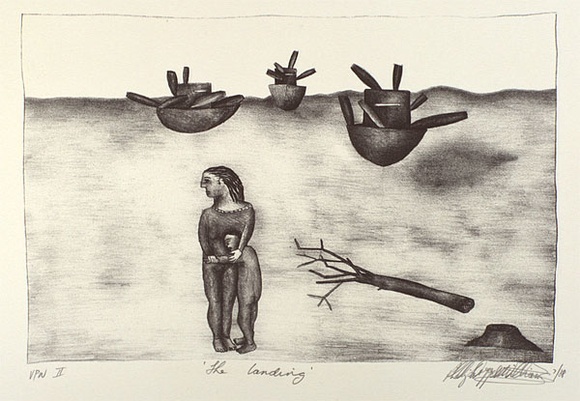 Artist: b'Doggett-Williams, Phillip.' | Title: b'The landing' | Date: 1988, July | Technique: b'lithograph, printed in black ink, from one stone'