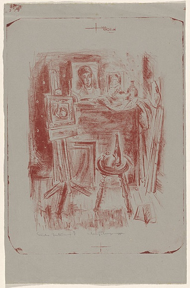 Artist: b'MACQUEEN, Mary' | Title: b'Studio interior' | Date: 1956 | Technique: b'lithograph, printed in red ink, from one plate' | Copyright: b'Courtesy Paulette Calhoun, for the estate of Mary Macqueen'