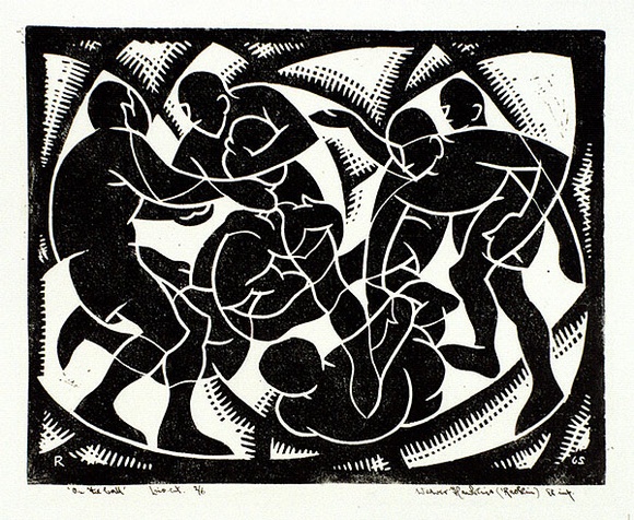 Artist: b'Hawkins, Weaver.' | Title: b'On the ball' | Date: 1965 | Technique: b'linocut, printed in black ink, from one block' | Copyright: b'The Estate of H.F Weaver Hawkins'