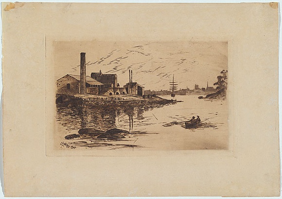 Artist: b'Hopkins, Livingston.' | Title: b'[Row-boat with industrial works on shore]' | Date: 1894 | Technique: b'etching, printed in sepia ink, from one plate'