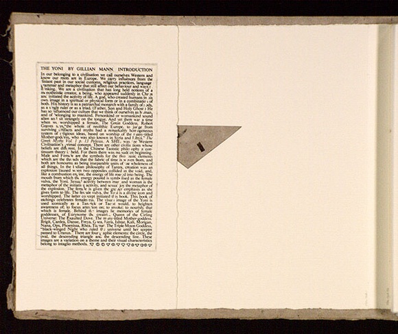 Artist: b'Mann, Gillian.' | Title: b'(Triangle cut-out, and text of introduction).' | Date: 1981 | Technique: b'etching, printed in black ink, from one plate'