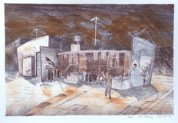 Artist: b'Juntunen, Timo.' | Title: b'not titled [building and wheelie bins]' | Date: 2000, June - July | Technique: b'lithograph, printed in colour, from multiple stones'