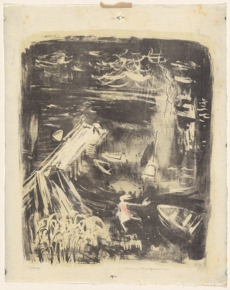 Artist: b'MACQUEEN, Mary' | Title: b'Storm' | Date: c.1960 | Technique: b'lithograph, printed in colour, from two plates in black, yellow and orange ink' | Copyright: b'Courtesy Paulette Calhoun, for the estate of Mary Macqueen'