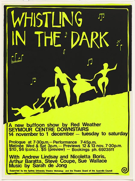 Artist: b'Boris, Nicoletta.' | Title: b'Whistling in the Dark. A new buffoon show by Red Weather.' | Date: 1984 | Technique: b'screenprint, printed in colour, from two stencils'