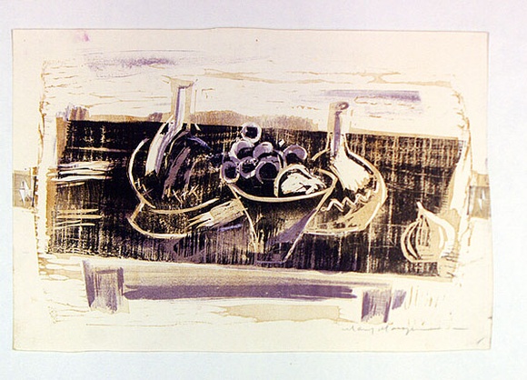 Artist: b'MACQUEEN, Mary' | Title: b'Still life' | Date: 1960 | Technique: b'woodcut, printed in black ink, from one block; linocut, printed in yellow ink, from one block; lithograph, printed in purple ink, from one plate' | Copyright: b'Courtesy Paulette Calhoun, for the estate of Mary Macqueen'