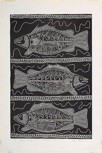 Artist: b'Barsa, Tatipai w.' | Title: b'Seasonal migration and the mating season (Fish)' | Date: 1996 | Technique: b'linocut, printed in black ink, from one block'