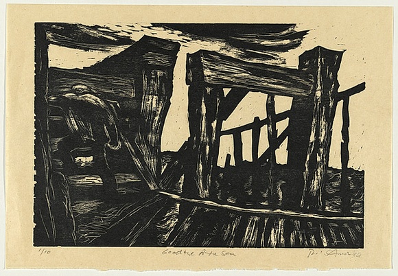 Artist: b'AMOR, Rick' | Title: b'Goodbye to the sea.' | Date: 1984 | Technique: b'woodcut, printed in black ink, from one block'