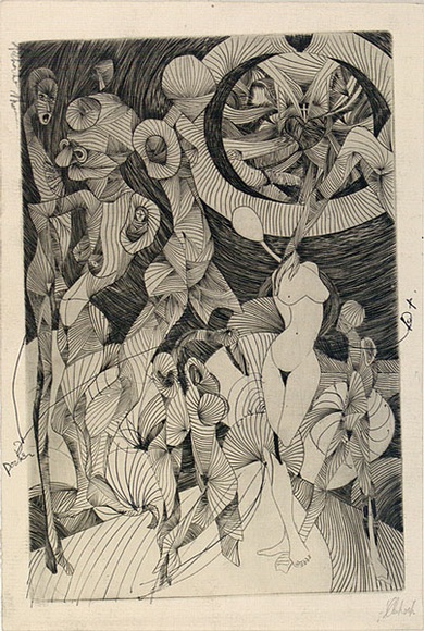 Artist: b'SHOMALY, Alberr' | Title: b'Man and universe' | Date: 1968 | Technique: b'engraving, printed in black ink with plate-tone, from one copper plate'