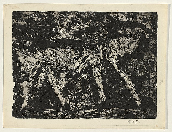 Title: b'not titled [deeply bitten etching of abstract shapes, reminiscent of sail boats on ocean]' | Date: c.1960 | Technique: b'softground-etching, aquatint and open-biting, printed in black ink, from one plate'