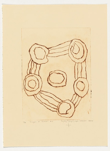 Artist: b'Tjampitjinpa Wamaar, Pegleg.' | Title: b'Tingari at Yumari #2' | Date: 2004 | Technique: b'drypoint etching, printed in brown ink, from one perspex plate'