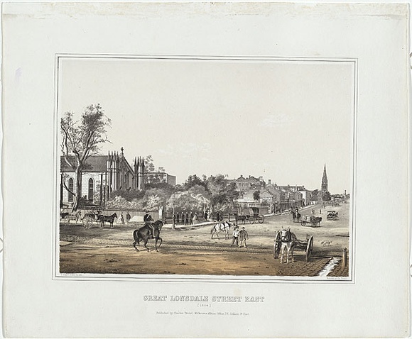 Artist: b'Cogne, Francois.' | Title: b'Great Lonsdale Street east.' | Date: 1863-64 | Technique: b'lithograph, printed in colour, from two stones'