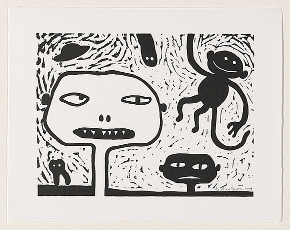 Artist: b'Green, Rona.' | Title: b'not titled [sharp-toothed cartoon head with suspended monkey]' | Date: 1999 | Technique: b'linocut, printed in black ink, from one block'