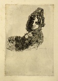 Artist: b'LINDSAY, Lionel' | Title: b'(Spanish woman with matilda and fan)' | Date: c.1920 | Technique: b'etching, printed in black ink with plate-tone, from one plate; touched with pencil' | Copyright: b'Courtesy of the National Library of Australia'