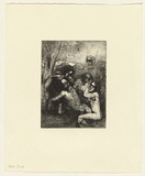 Artist: SHEAD, Garry | Title: not titled [five figures under tree] | Technique: etching and aquatint, printed in black ink, from one plate | Copyright: © Garry Shead