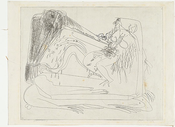 Artist: b'BOYD, Arthur' | Title: b'Pointing figure with weeping heads.' | Date: (1968-69) | Technique: b'etching, printed in black ink, from one plate' | Copyright: b'Reproduced with permission of Bundanon Trust'