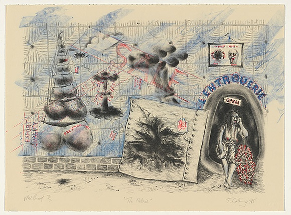 Artist: b'COLEING, Tony' | Title: b'The holerie' | Date: 1985 | Technique: b'lithograph, printed in blue, black and red ink, from three stones'