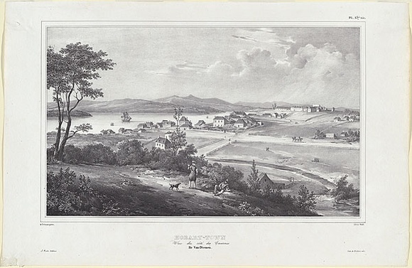 Title: bHobart-town. Vue du Cote des Casernes. Ile Van-Diemen. [Hobart Town. View towards the barracks. Van Diemen's Island] | Date: c.1833 | Technique: b'lithograph, printed in black ink, from one stone'