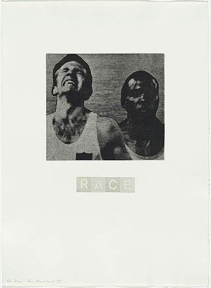 Artist: b'MADDOCK, Bea' | Title: b'Race' | Date: 1977, September- November | Technique: b'photo-etching, aquatint and stipple, printed in colour, from two plates'