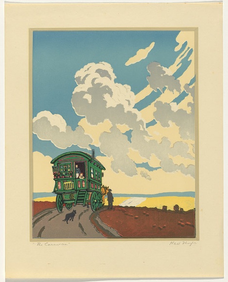 Artist: b'Thorpe, Hall.' | Title: b'The caravan' | Date: c.1925 | Technique: b'woodcut, printed in colour, from multiple blocks'