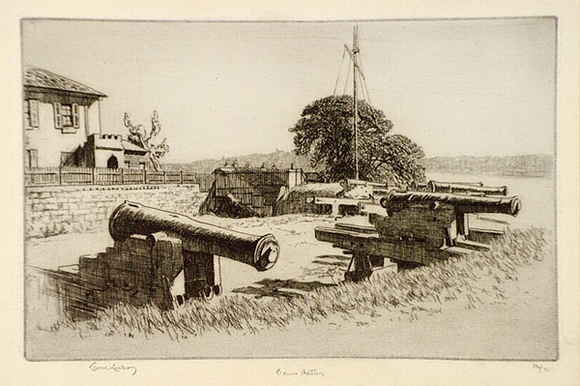 Artist: LINDSAY, Lionel | Title: Dawes Battery, Sydney | Date: 1932 | Technique: etching and foul biting, printed in black ink with plate-tone, from one plate | Copyright: Courtesy of the National Library of Australia