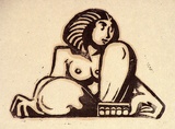 Artist: b'Stephen, Clive.' | Title: b'(Seated woman)' | Date: c.1950 | Technique: b'linocut, printed in black ink, from one block'