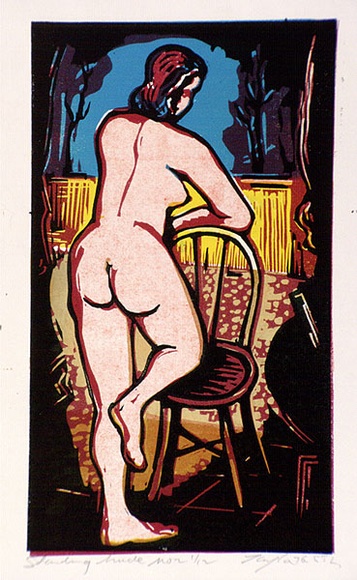 Artist: b'Taylor, John H.' | Title: b'Standing Nude No 2' | Date: 1976 | Technique: b'linocut, printed in colour, from four blocks'