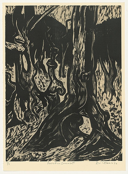 Artist: b'AMOR, Rick' | Title: b'Forest in Somerset.' | Date: 1990 | Technique: b'woodcut, printed in black and grey ink, from two blocks'