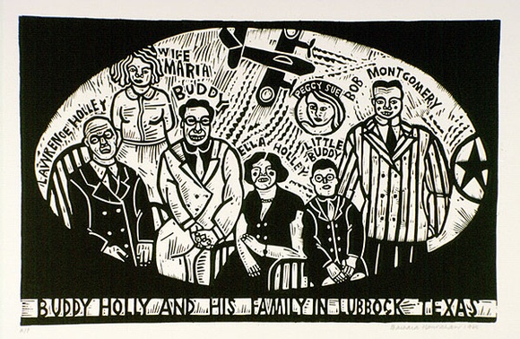 Artist: b'HANRAHAN, Barbara' | Title: b'Buddy Holly and his family in Lubbock, Texas' | Date: 1965 | Technique: b'linocut, printed in black ink, from one block'