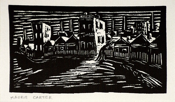 Artist: b'Carter, Maurie.' | Title: b'(Our street).' | Date: 1949 | Technique: b'linocut, printed in black ink, from one block'