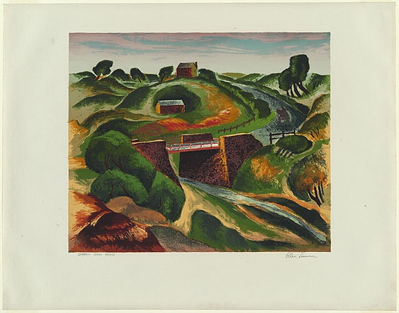 Artist: b'Sumner, Alan.' | Title: b'Darebin Creek bridge.' | Date: c.1947 | Technique: b'screenprint, printed in colour, from 16 stencils'