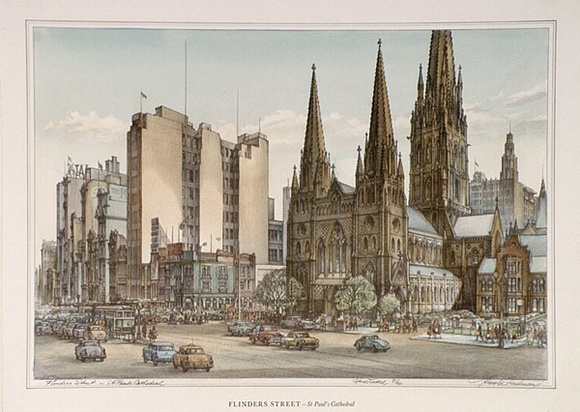 Artist: b'Freedman, Harold.' | Title: bFlinders Street - St Paul's Cathedral. | Date: 1962 | Technique: b'lithograph'