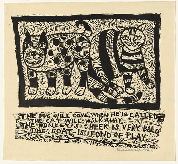 Artist: b'HANRAHAN, Barbara' | Title: b'The dog will come when he is called' | Date: 1962 | Technique: b'linocut, printed in black ink, from two blocks'