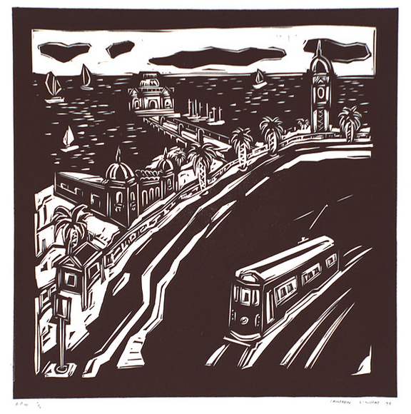 Artist: b'Lindsay, Cameron.' | Title: b'Lower Esplanade St. Kilda' | Date: 1995, September | Technique: b'linoblock, printed in black ink, from one block'