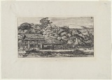 Artist: MERYON, Charles | Title: Greniers indigènes et habitations à Akaroa, Presqu'île de Banks 1845 (Native storehouses and dwellings at Akaroa (Banks Peninsula) 1845) | Date: 1860 | Technique: etching, printed in black ink, from one plate