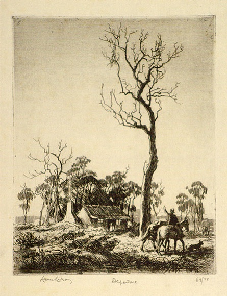 Artist: b'LINDSAY, Lionel' | Title: b'Departure' | Date: 1924 | Technique: b'etching and aquatint, printed in warm black ink with plate-tone, from one plate' | Copyright: b'Courtesy of the National Library of Australia'