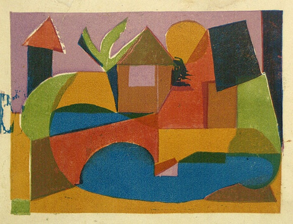 Artist: b'Brash, Barbara.' | Title: b'The red bridge.' | Date: c.1955 | Technique: b'linocut, printed in colour, from five blocks'