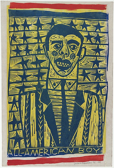 Artist: b'HANRAHAN, Barbara' | Title: b'All-American boy' | Date: 1963 | Technique: b'linocut, printed in colour, from three blocks'