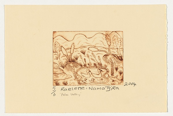 Artist: b'Namatjira, Raelene.' | Title: b'Palm valley' | Date: 2004 | Technique: b'drypoint etching, printed in brown ink, from one perspex plate'