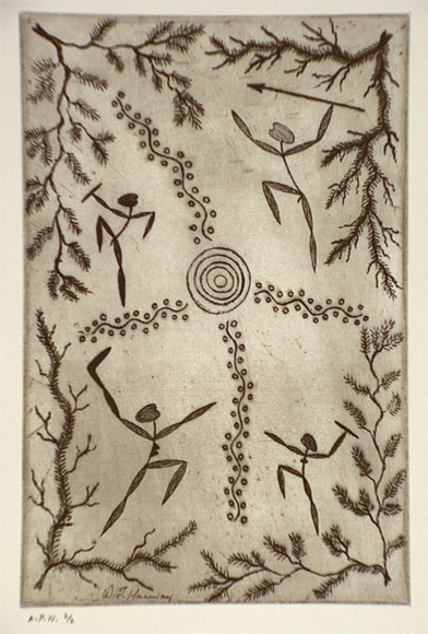 Artist: b'Harrison, Bill.' | Title: b'not titled [4 figures around concentric circle with foliage designs]' | Date: 1999, May | Technique: b'etching, printed in black ink, from one plate'